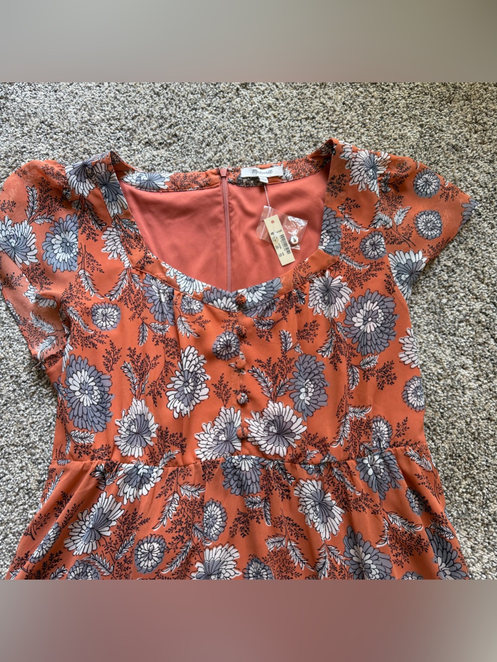 NWT Madewell Floral Chiffon Midi Dress Scoop Neck Short Sleeve Buttons Zip Sz 14 - Picture 5 of 11